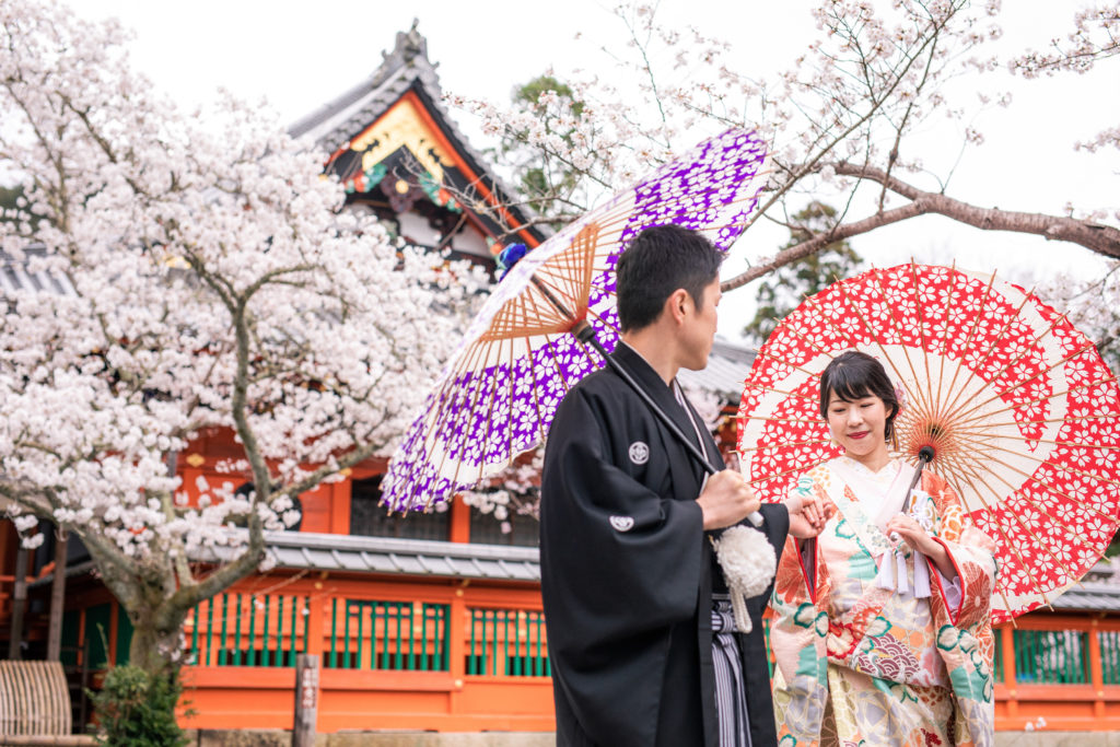 桜の前撮り京都の毘沙門堂