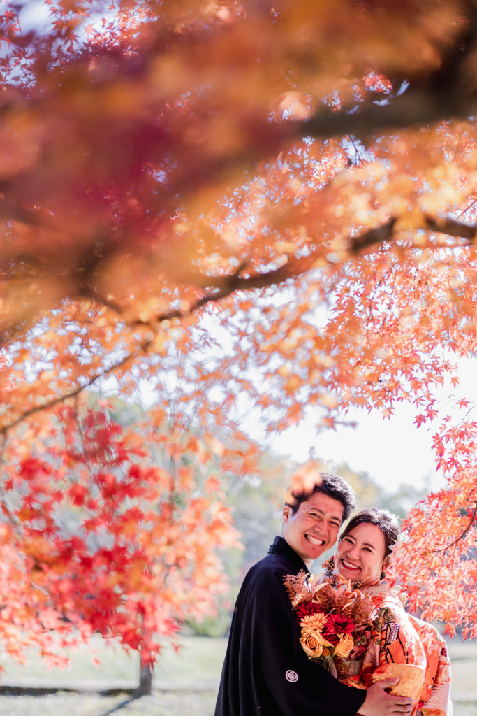 京都の大覚寺で笑顔の和装前撮り