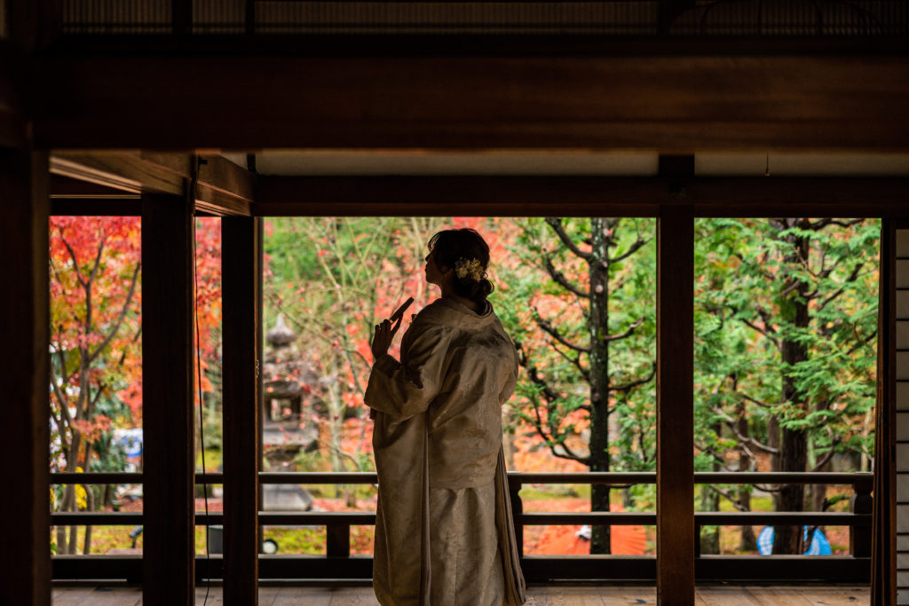 京都の勝林寺の屋内で紅葉を見ながら和装前撮り