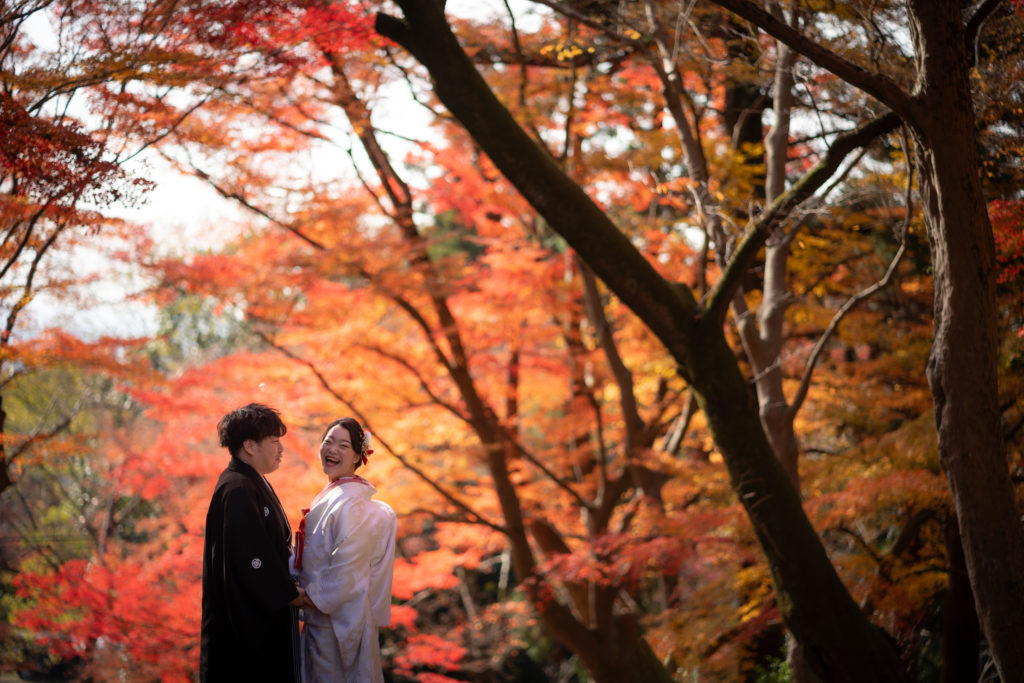 京都の毘沙門堂の紅葉で白無垢の前撮り