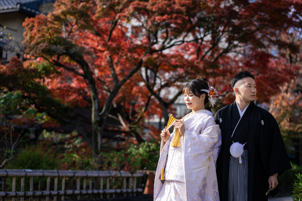 京都の紅葉時期に祇園で赤紅葉を背景にすこしかっこよく撮影