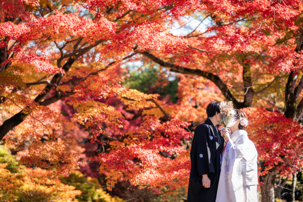 季節の自然を背景にした嵐山前撮り