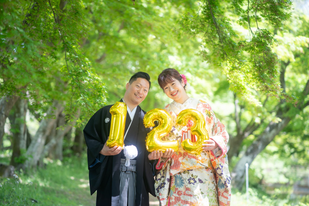 自然を背景にした大覚寺和装前撮りショット