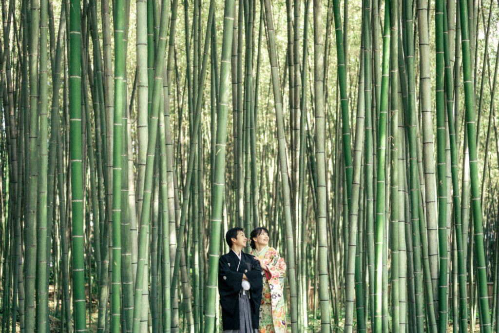 大覚寺の竹林で撮影する京都前撮り写真